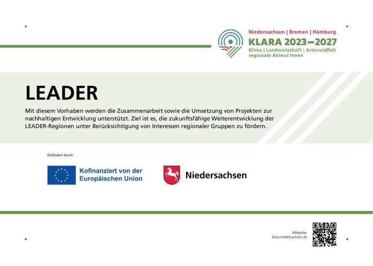 Zertifikat für das LEADER-Programm, gefördert von der EU und Niedersachsen.
